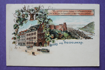 Ansichtskarte Litho AK Gruß aus Heidelberg 1908 Grusskarte Mehrbildkarte Hirsch Gasthaus